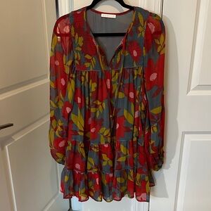 Karlie Red Floral Long Sleeve Tiered Mini Dress